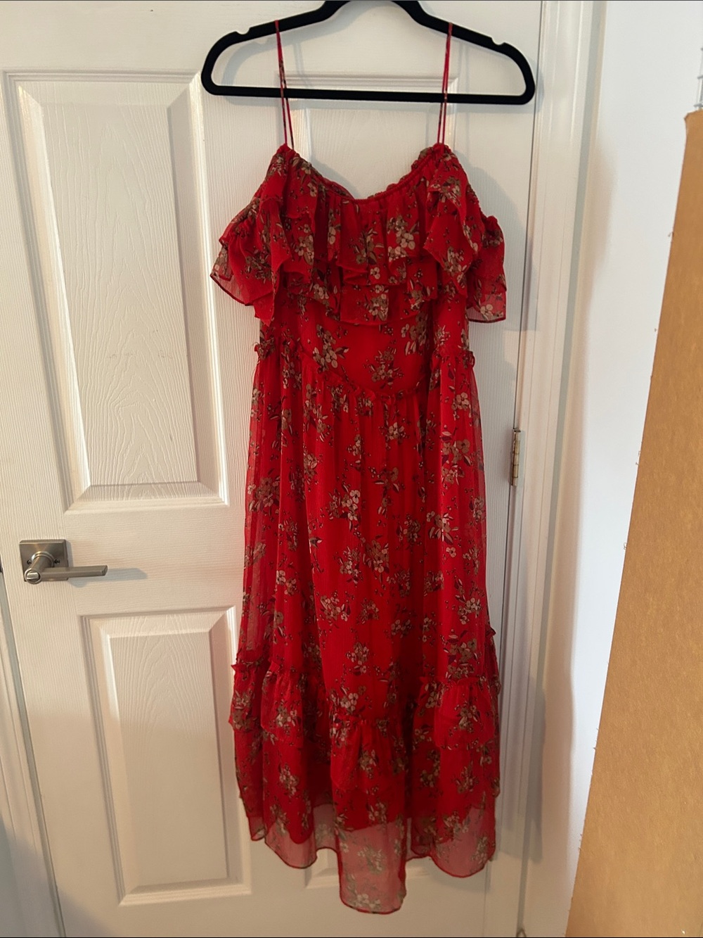 Zara Red Floral Midi Dress with Ruffles
